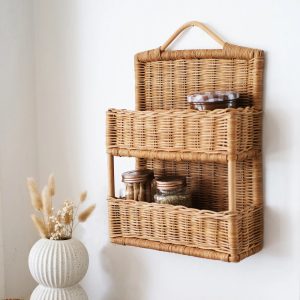 Scandinavian Rattan Wall Hanging Basket Rattan Storage Rack B&B Decorative Storage Rack Hand-Woven Solid Wood Double-Layer Storage Basket