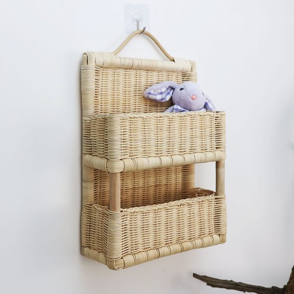 Scandinavian Rattan Wall Hanging Basket Rattan Storage Rack B&B Decorative Storage Rack Hand-Woven Solid Wood Double-Layer Storage Basket - Image 4
